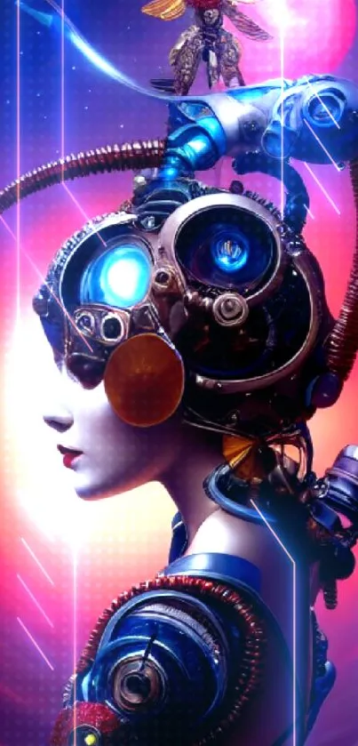 Futuristic cyberpunk wallpaper with vibrant colors and robotic elements.