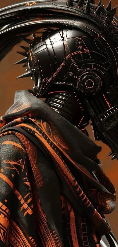 Futuristic cyberpunk robot with orange patterns.