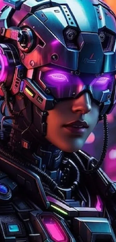 Futuristic cyberpunk female in high-tech gear with vibrant neon lights.