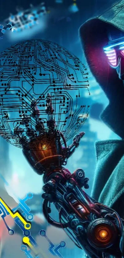 Futuristic cyberpunk art with a hooded figure and glowing blue circuitry.