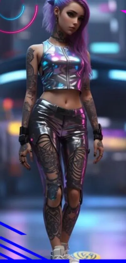 Futuristic cyberpunk woman with metallic outfit in a vibrant sci-fi setting.