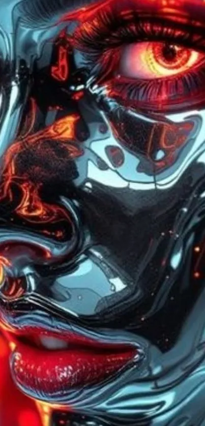 Futuristic cyberpunk art with neon glow and metallic face.