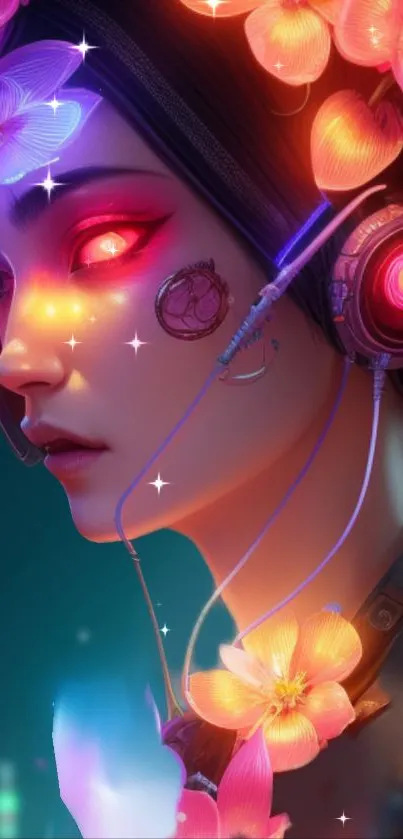Futuristic cyberpunk art wallpaper with neon colors and floral accents.