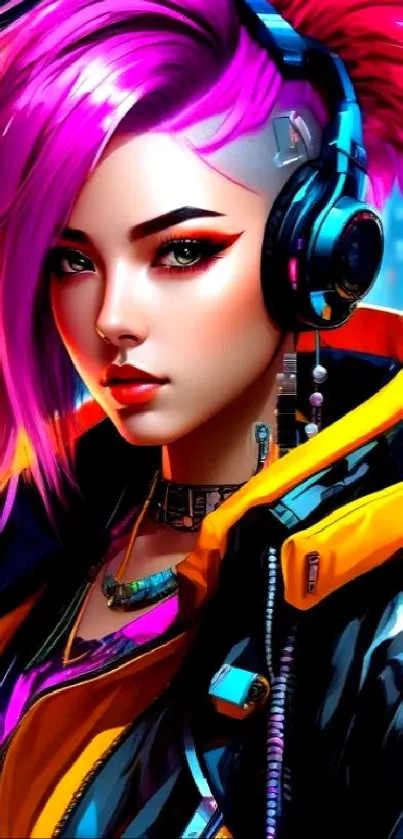 Cyberpunk woman with neon hair and headphones in a colorful digital art style.