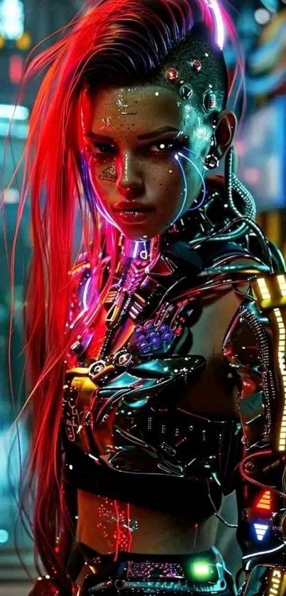 A cyberpunk warrior in neon lighting and futuristic attire.