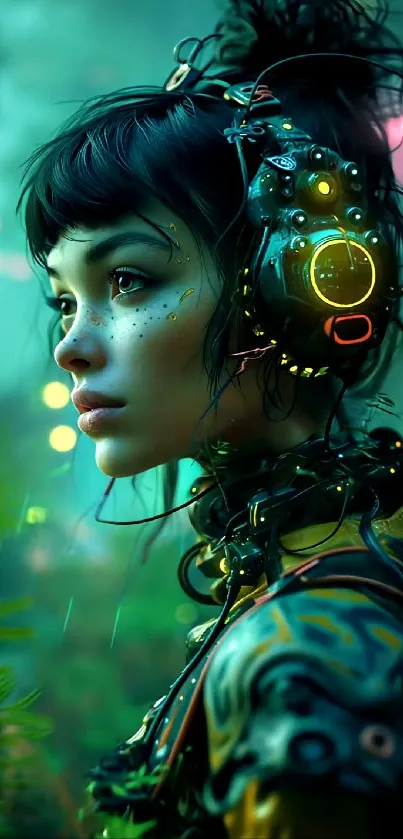 Futuristic cyberpunk character with neon headphones, vibrant green tones.