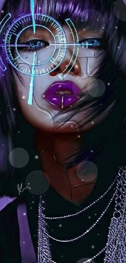 Futuristic cyberpunk art with purple and neon details, ideal for mobile wallpaper.