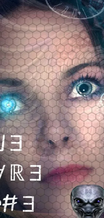 Futuristic woman's face in cyberpunk art style with hexagonal patterns and alien details.