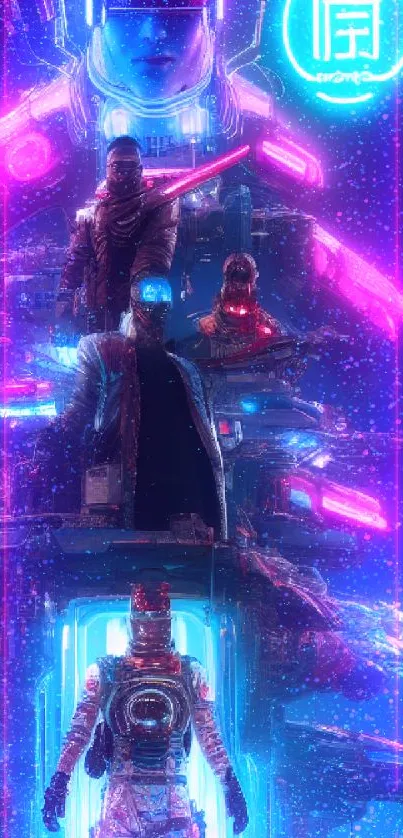 Futuristic cyberpunk scene with neon lights and digital art.