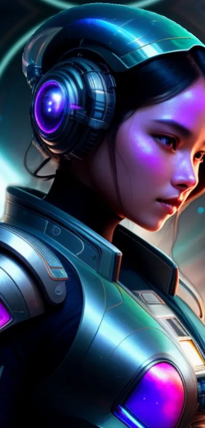 Futuristic cyberpunk woman portrait in vibrant purple and neon tones.