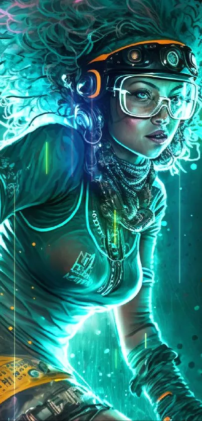 A vibrant futuristic character with neon glow in cyberpunk style.