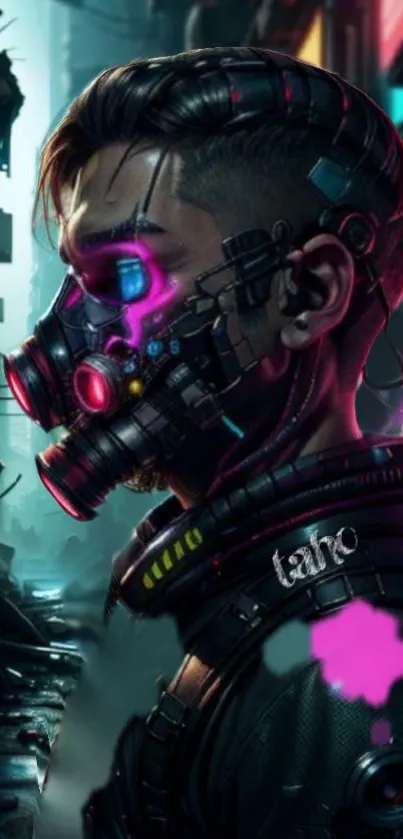 Cyberpunk character with neon lights in a futuristic cityscape.