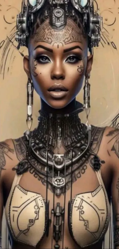 Futuristic cybernetic woman with intricate designs on a beige background.