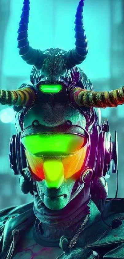 Futuristic figure with a horned helmet and neon visor in a cyberpunk setting.