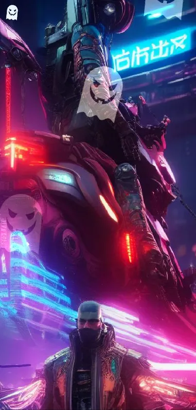 Futuristic cyberpunk artwork with neon lights and advanced technology.