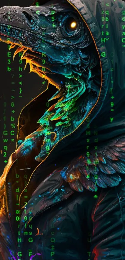 Cyberpunk bird illustration with neon hues and futuristic design.