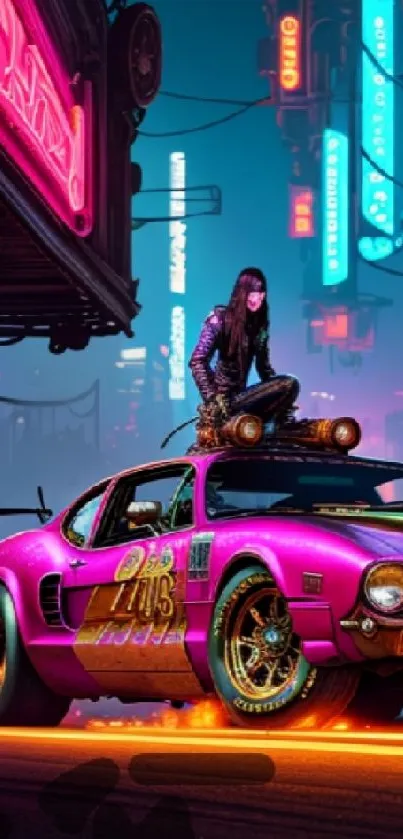 Futuristic car under neon lights in cyberpunk city scene.