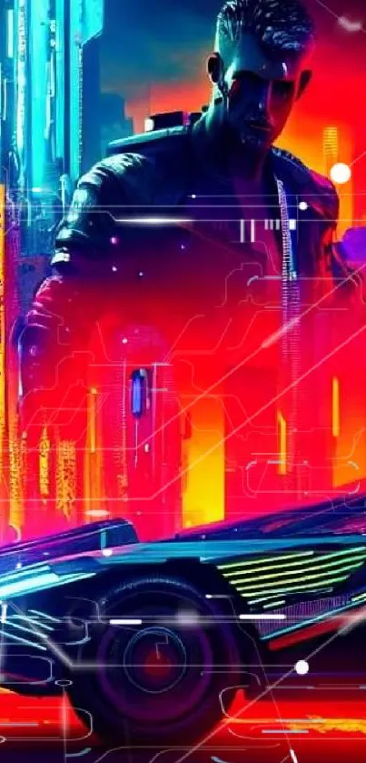 Futuristic cyberpunk wallpaper with neon car and cityscape.