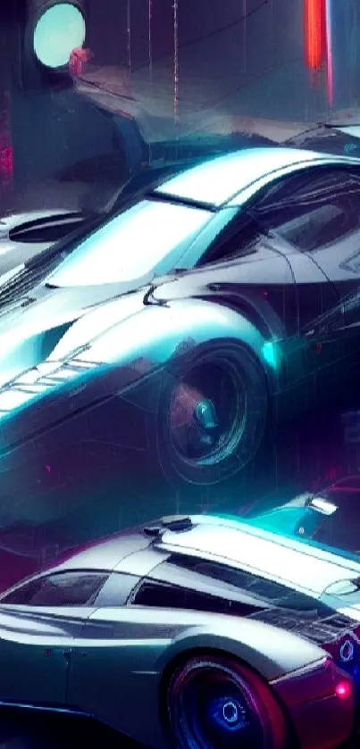 Futuristic cyberpunk cars with neon lights in a digital art style.