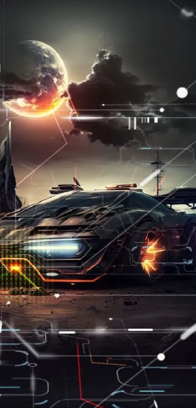 Futuristic car in a neon-lit cyberpunk cityscape under a cloudy night sky.