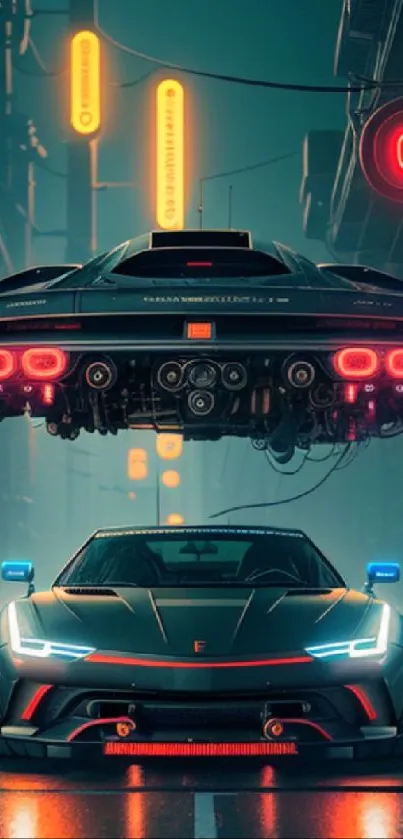 Futuristic car in a neon-lit cyberpunk city street.