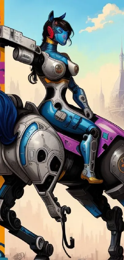 Cyborg centaur with vibrant colors in a futuristic cityscape, graffiti art.
