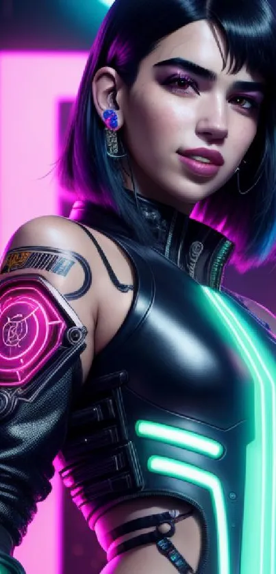 Futuristic woman with neon accents in cyberpunk attire.