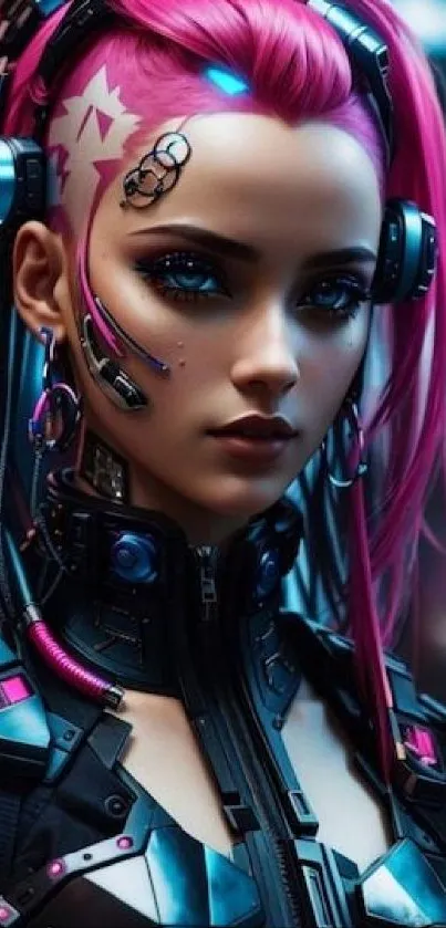 Cyberpunk character with neon hair and futuristic gear.