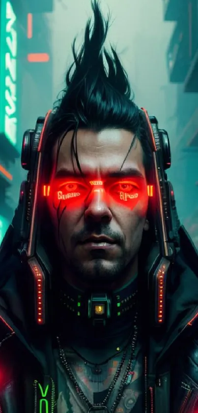 Futuristic cyberpunk character with neon glow set in an urban cityscape.