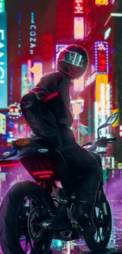 Motorcycle in neon-lit cyberpunk cityscape.