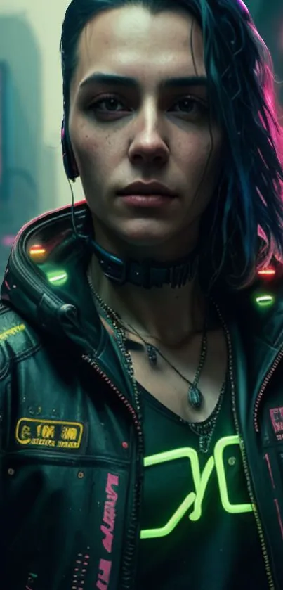 Cyberpunk character in futuristic city with neon lights.