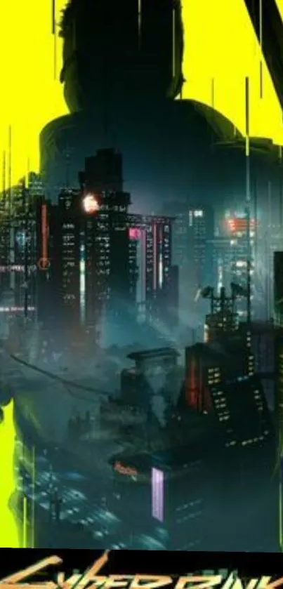 Silhouette in front of a cyberpunk cityscape with neon lights.