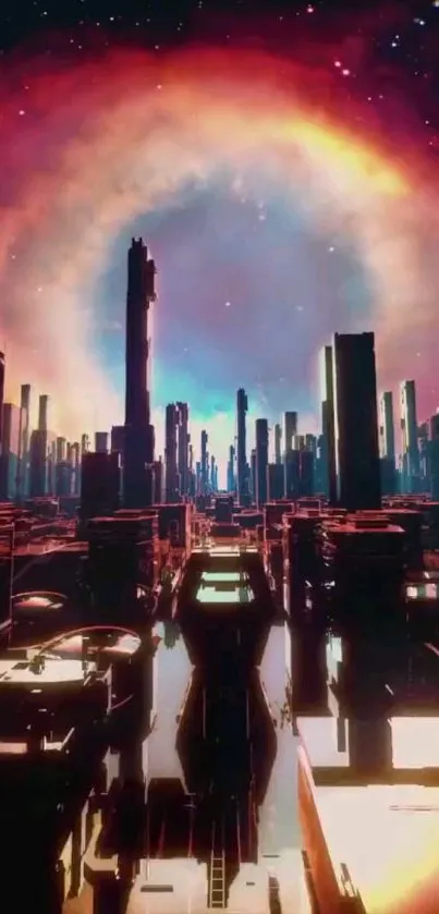 Futuristic neon cyberpunk city skyline with glowing colors.