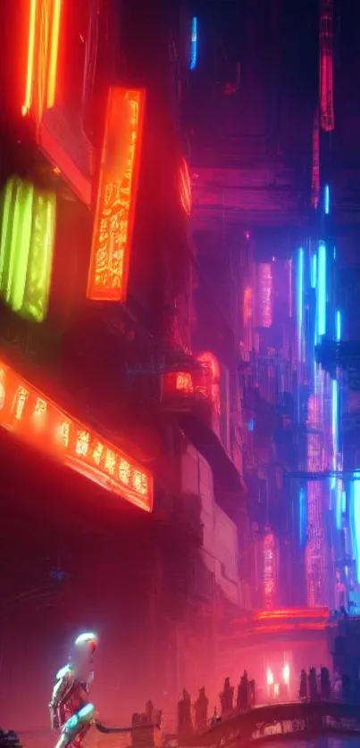 Futuristic cyberpunk cityscape with neon lights and towering buildings.