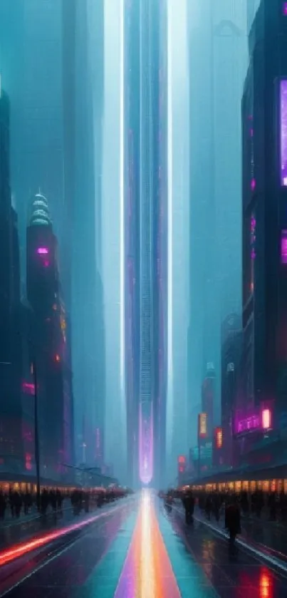 Futuristic cyberpunk cityscape with vibrant neon lights.