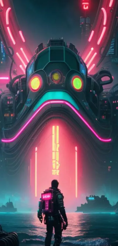 A person stands before a futuristic, neon-lit cyberpunk cityscape.