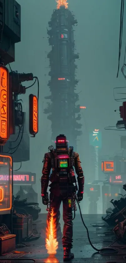 A lone figure walks through a neon-lit futuristic cityscape.