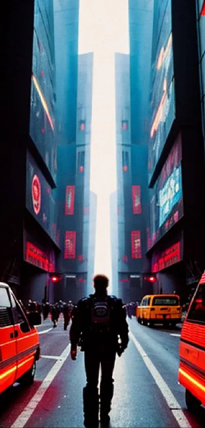 Futuristic city with neon lights and tall skyscrapers.