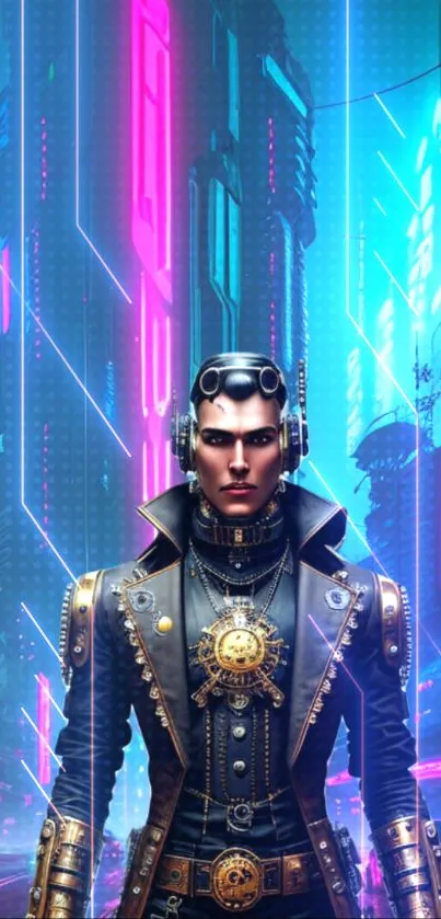 Futuristic cyberpunk character in a neon cityscape with vibrant lights.