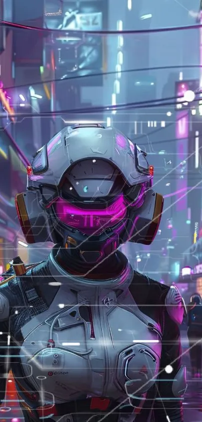 Person in futuristic armor in a neon-lit cyberpunk cityscape.