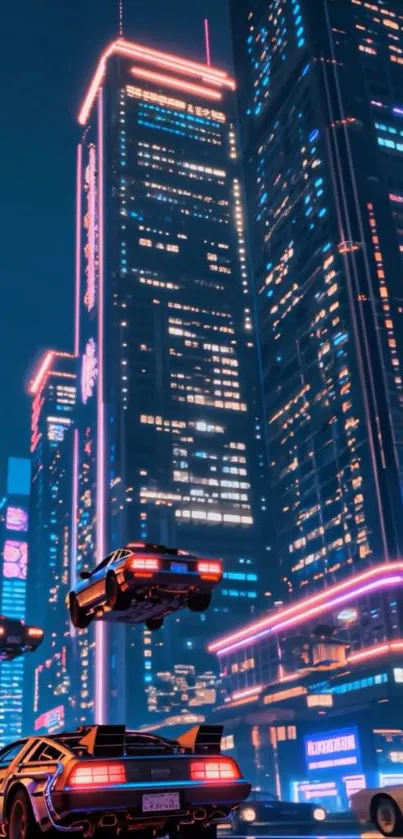 Futuristic cityscape with neon lights and flying cars.