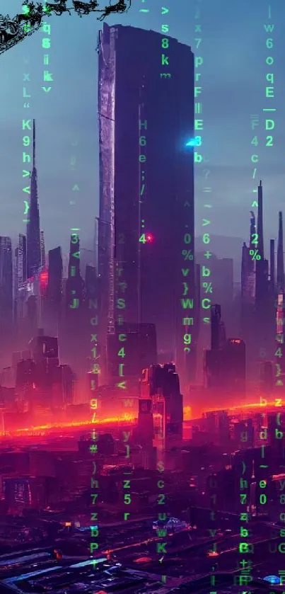 Futuristic cyberpunk cityscape with neon lights and towering skyscrapers.