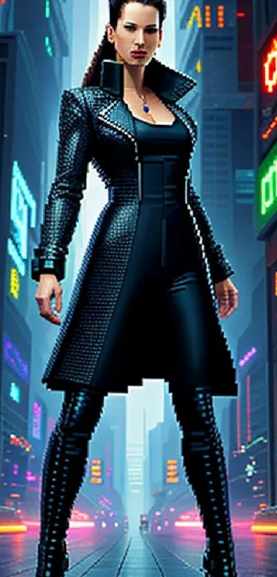 A cyberpunk woman stands in a neon-lit cityscape.