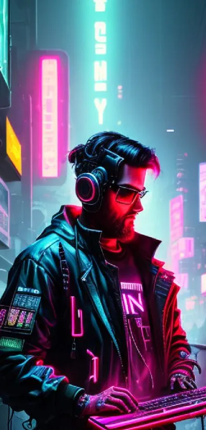 Futuristic cyberpunk city with neon lights and tech-savvy individual.