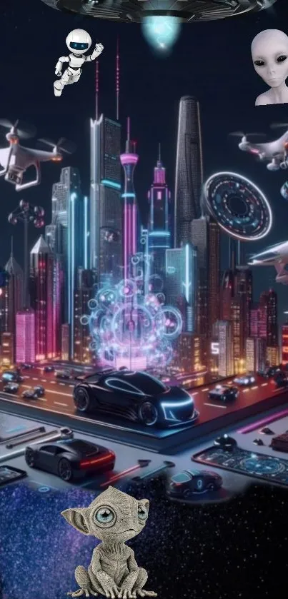 Futuristic cyberpunk city with flying vehicles and neon lights.