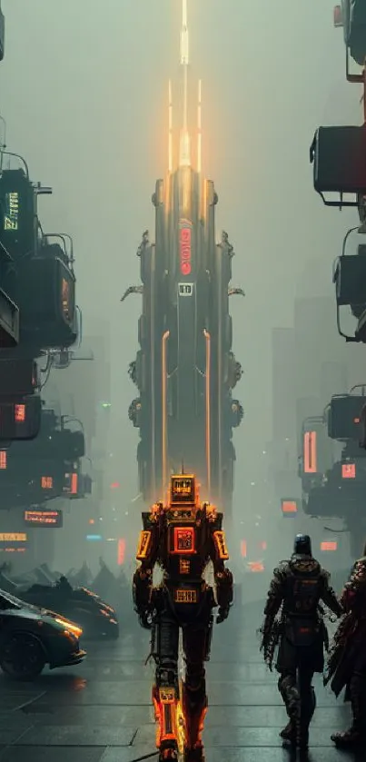 Futuristic cyberpunk city scene with neon lights and robots on a dark street.