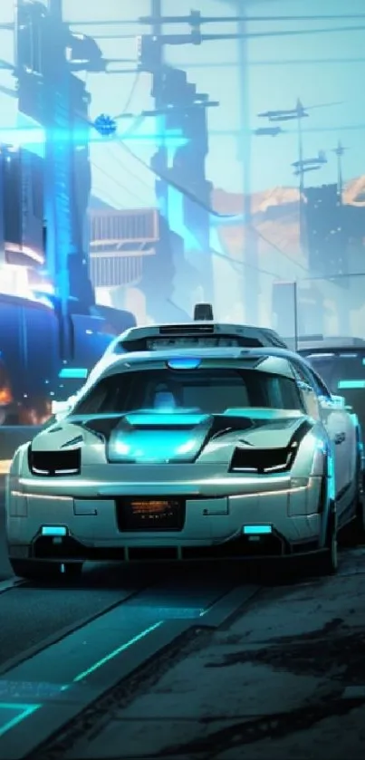 Futuristic car in cyberpunk cityscape with neon lights.