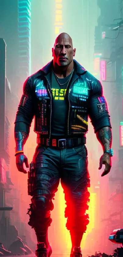 Futuristic hero in neon-lit cyberpunk cityscape.