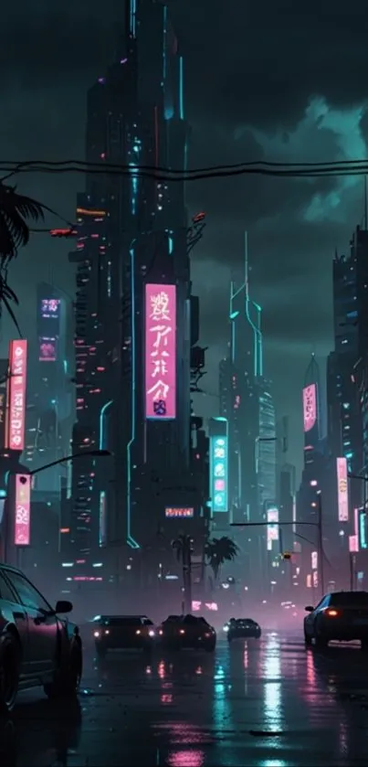 Futuristic cyberpunk cityscape with neon-lit skyscrapers and misty streets.