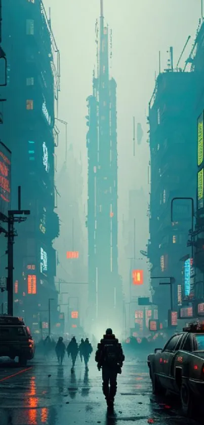 Futuristic cyberpunk cityscape with neon lights and misty streets.